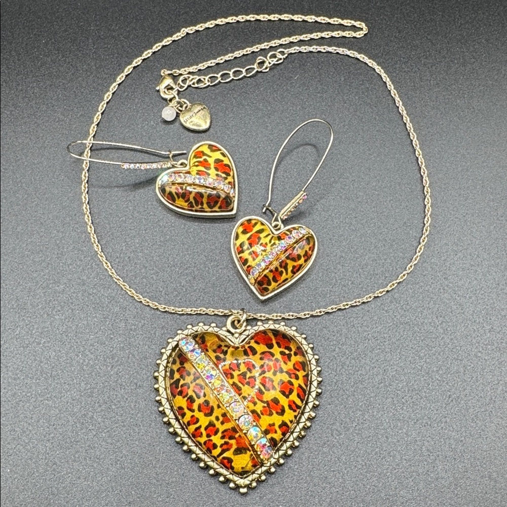 Betsey Johnson Leopard-Print Heart Necklace and Earring Set - Picture 2 of 6